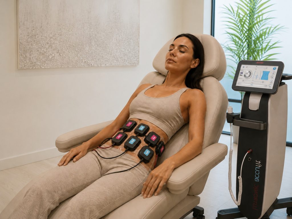 Woman receiving body toning treatment for muscle stimulation, body sculpting, and core strengthening in Edmonds, WA.