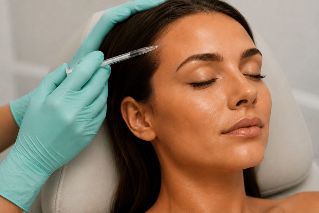 Woman receiving cosmetic wrinkle treatment for forehead lines, frown lines, crow’s feet, and facial lines.