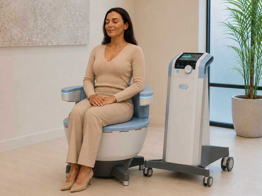 Woman seated for a noninvasive pelvic floor strengthening treatment for bladder control and urinary leakage.