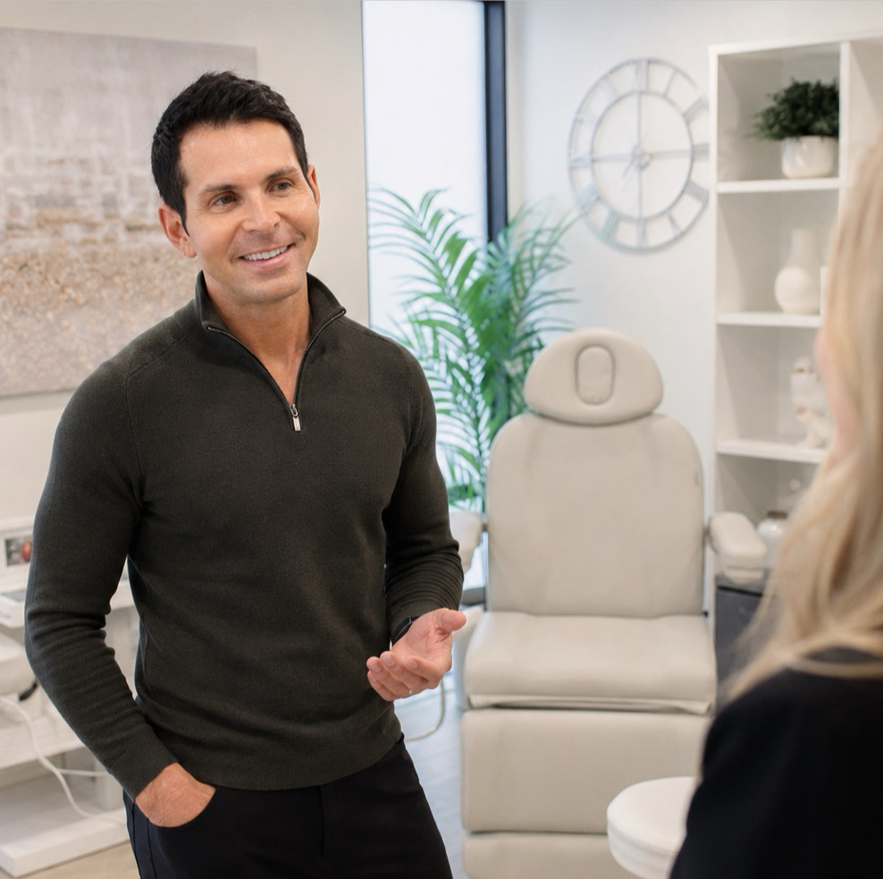 Stefan Torres speaking with a patient inside the TORRÈS Aesthetics & Health clinic in Edmonds, WA