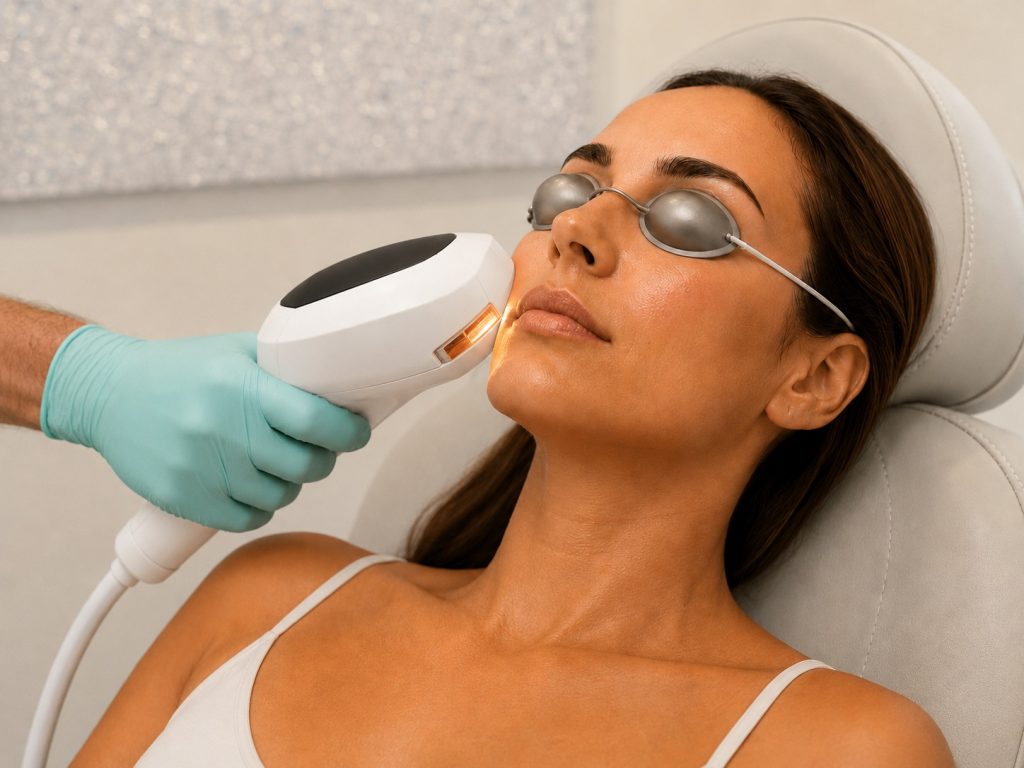 Woman receiving IPL photofacial treatment for skin discoloration, redness, sun damage, and overall skin clarity.