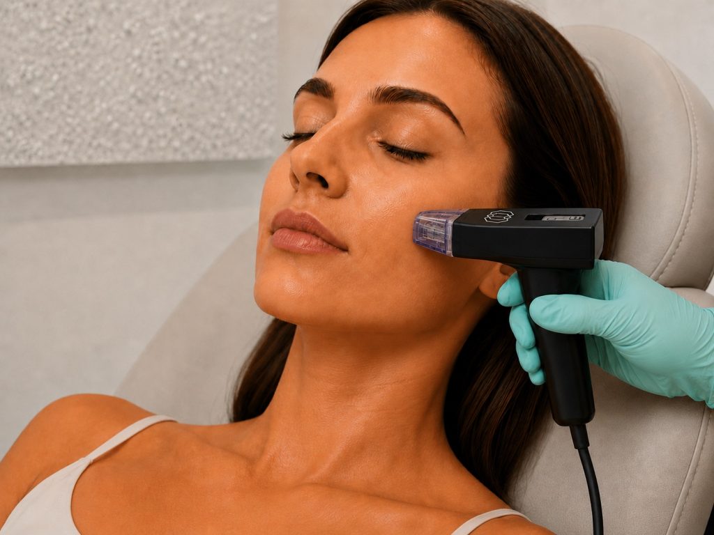 Woman receiving RF microneedling treatment for skin tightening, texture, acne scars, and collagen support.