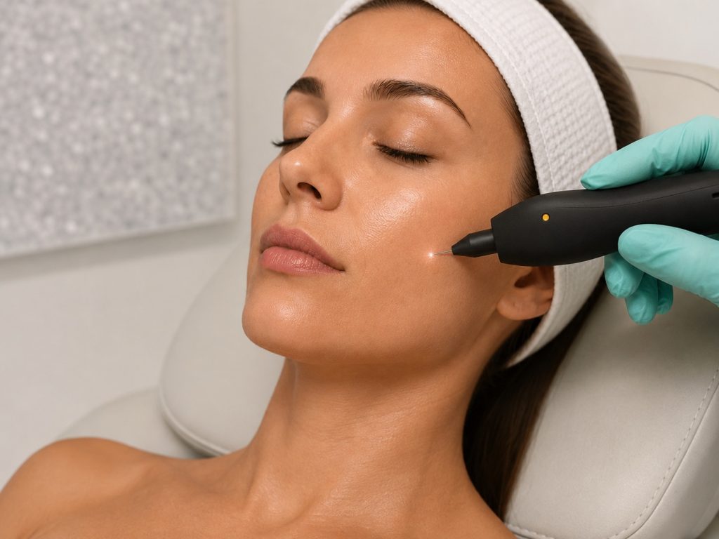 Woman receiving PlasmaIQ plasma skin tightening for eyelid laxity, under-eye crepey skin, and delicate facial rejuvenation.